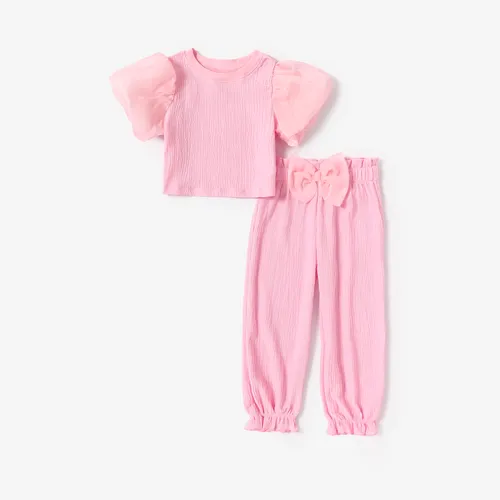 Toddler Girl 2pcs Mesh Spliced Top and Ruffled Pants Set