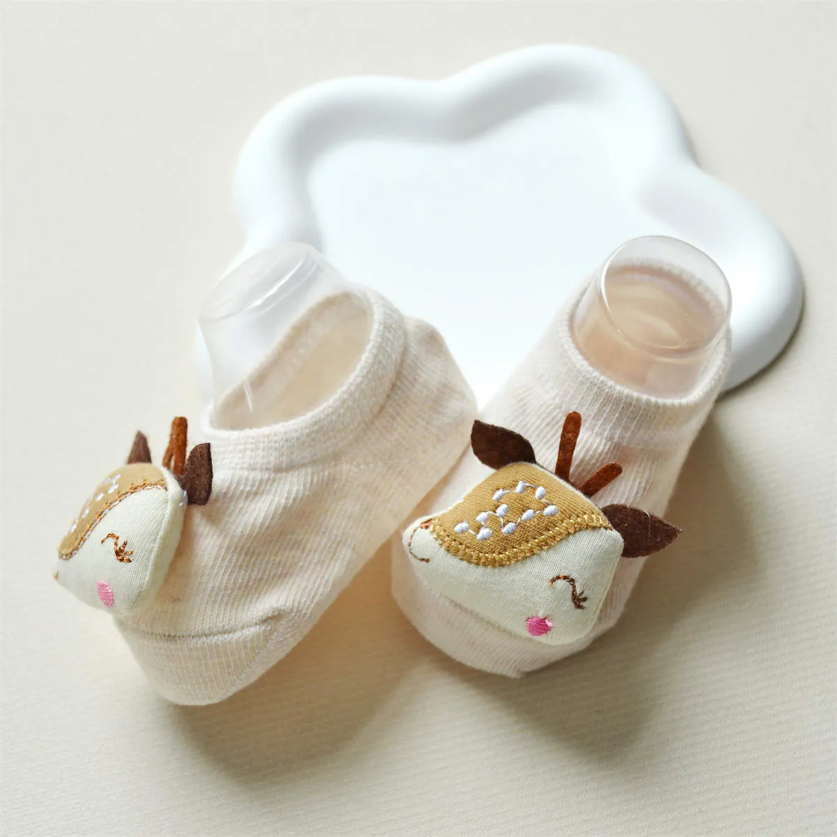 Calcetines de piso de algodón antideslizante con apliques de animales para bebés / niñas pequeñas Caqui big image 1