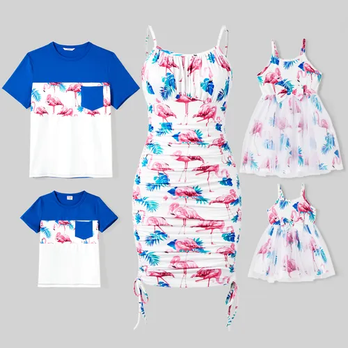 Family Matching Sets Color Block Short-Sleeve Tee and Flamingo Print Ruched Strap Drawstring Sides Strap Dress 