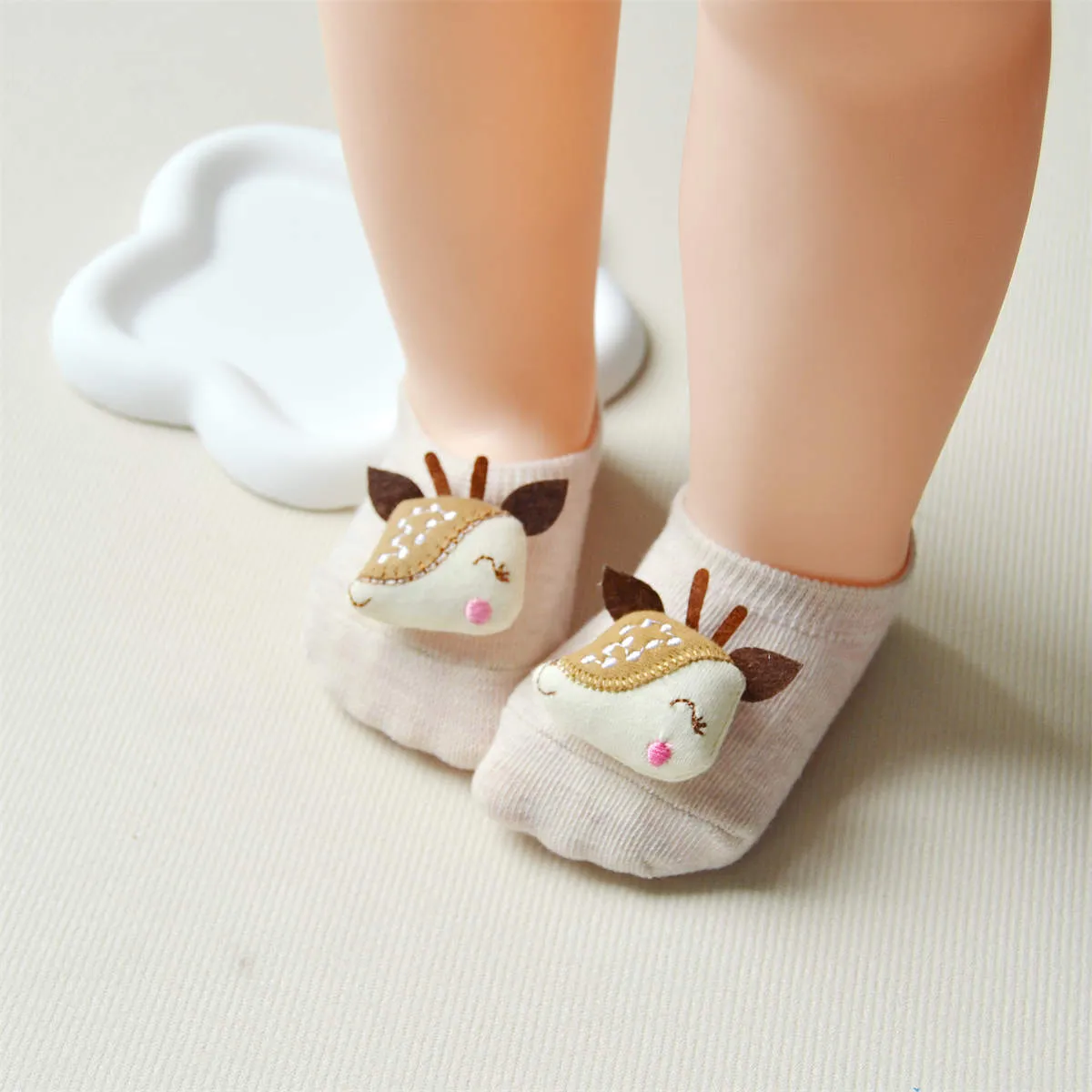 嬰兒/幼兒女孩動物貼花防滑棉質地板襪 卡其色 big image 1