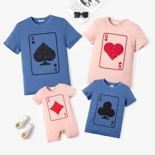 家庭配套趣味卡套牌設計棉質短袖圖案T恤