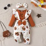Baby Girl 3pcs Sweet Solid Romper and Floral Print Ruffled Overalls with Headband Set Brown