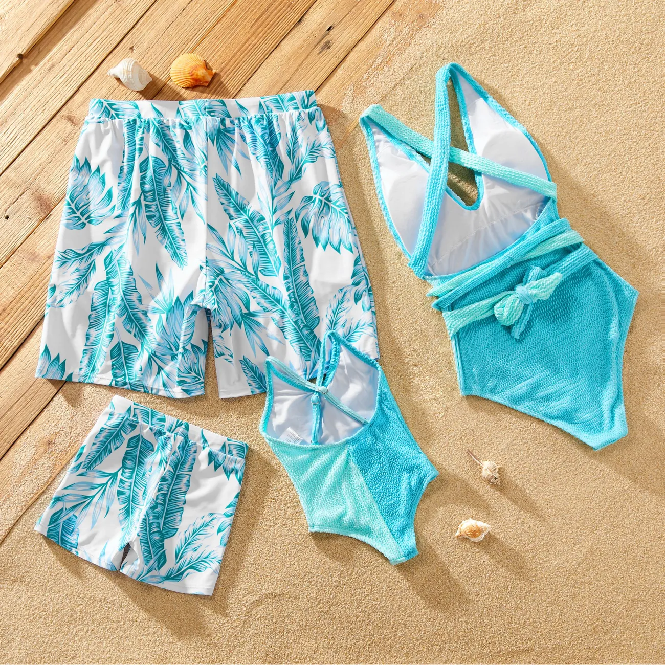 ملابس سباحة من قطعة واحدة متطابقة مع ألوان متطابقة وربطة عنق ذاتيًا وسراويل سباحة مطبوعة بأوراق النخيل بالكامل أزرق أخضر big image 1