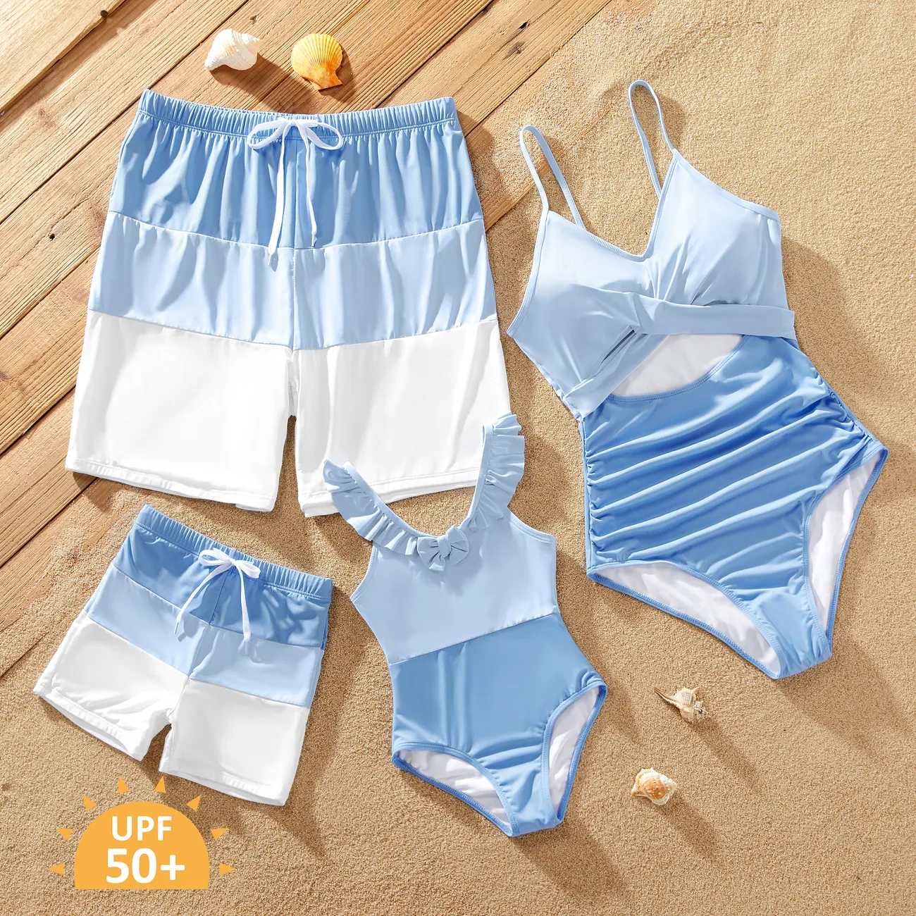 UPF50+ Family Matching Swimsuit Colorblock Drawstring Swim Trunks or Cross Front Cut out Ruched One-Piece Swimsuit (Sun-Protective) Blue big image 1