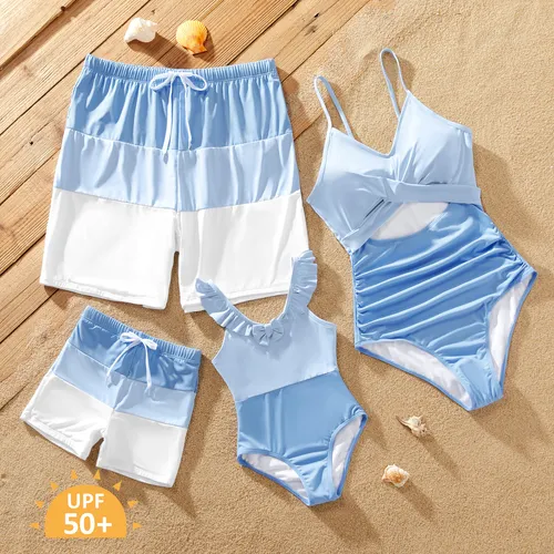 Family Matching Swimsuit Colorblock Drawstring Swim Trunks or Cross Front Cut out Ruched One-Piece Swimsuit (Sun-Protective)