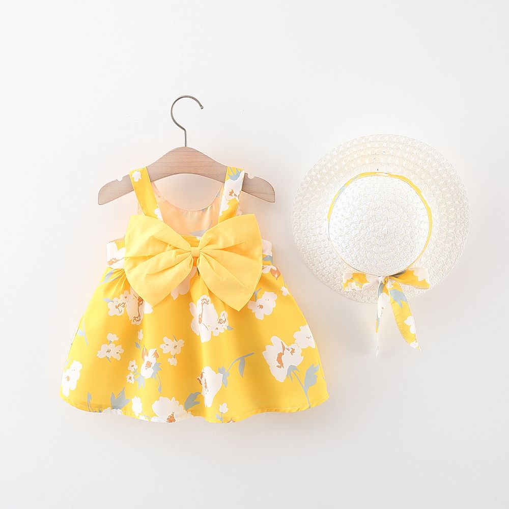 

Little Daisy 2pc Dress Set for Baby Girls - Soft Lightweight Cotton-Linen Fabric, Back Bowknot Design