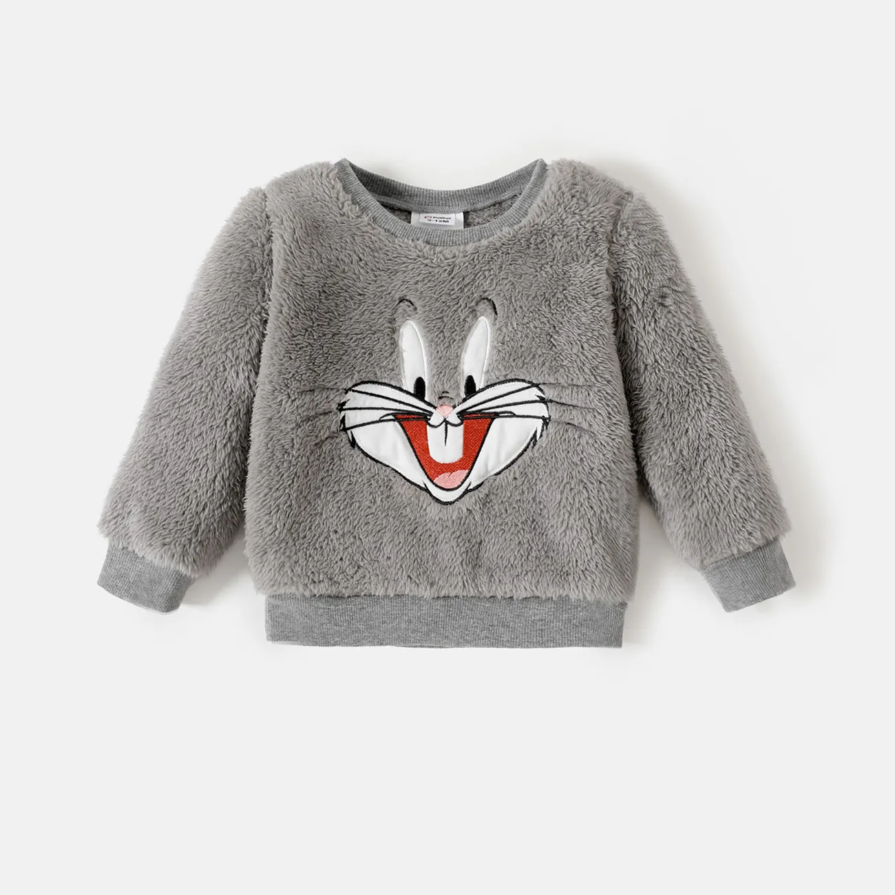 Looney Tunes Baby Boy/Girl Cartoon Animal Embroidered Long-sleeve Thermal Fuzzy Pullover Grey big image 1