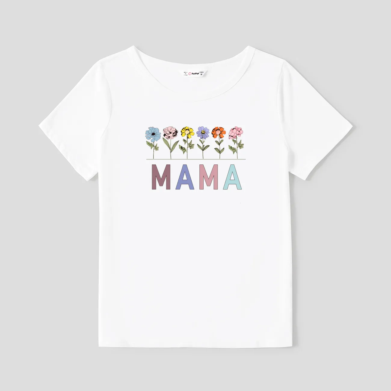 Mother's Day Mommy and Me Flower Pattern Letter Print Short Sleeves Tops White big image 1