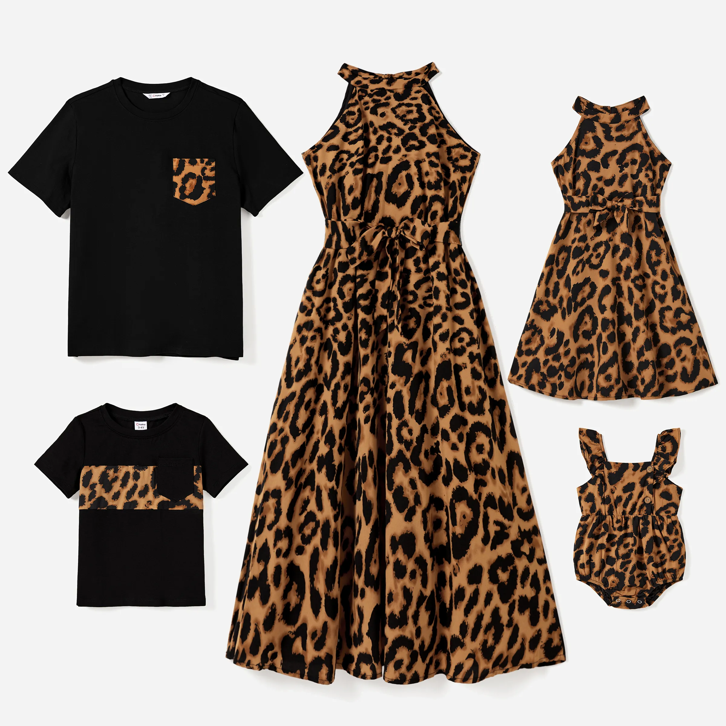 

Family Matching Black Tee and Leopard Print High Neck Halter Tie Back Dress Sets