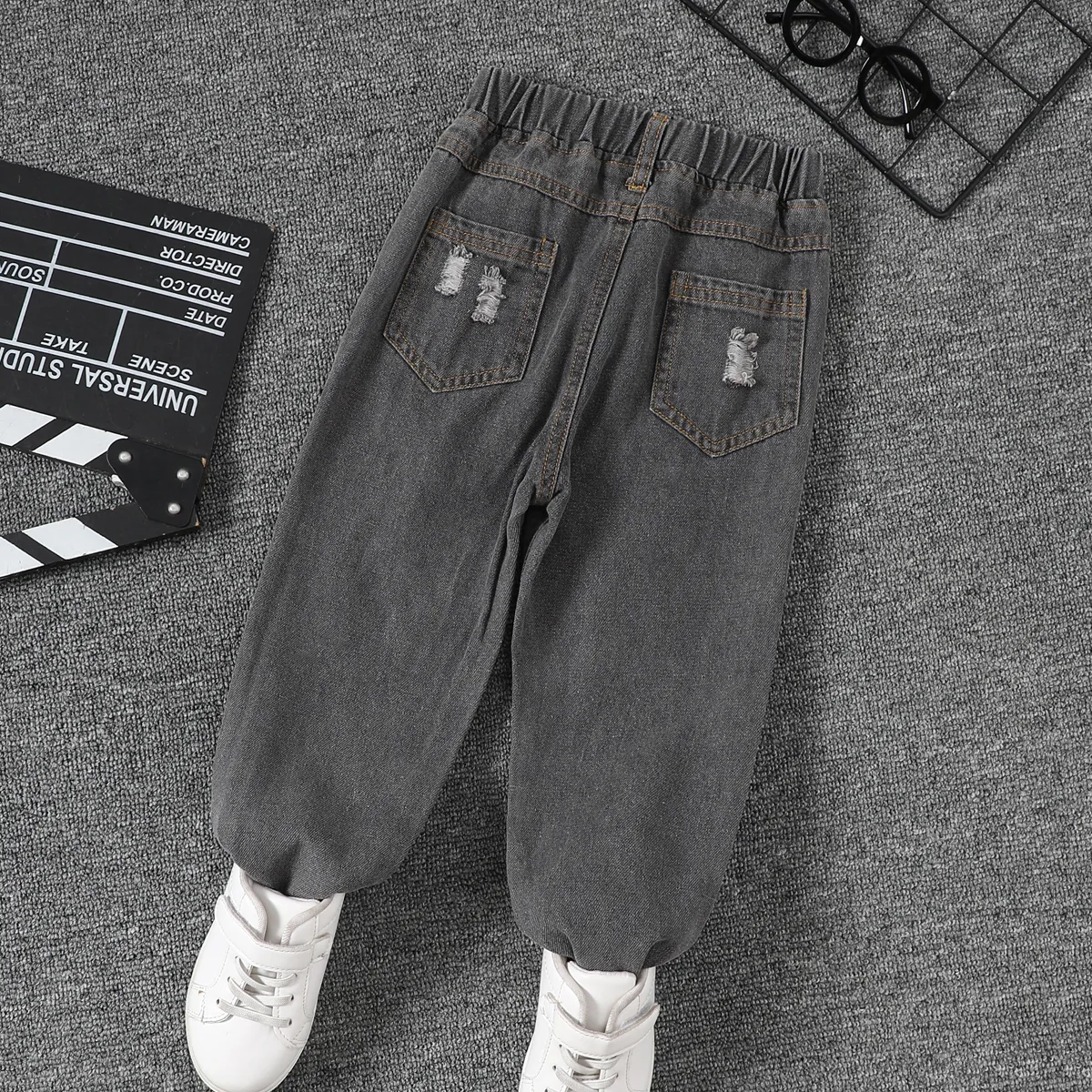 Toddler Girl/Boy Elasticized Ripped Denim Jeans Black big image 1