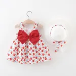 مجموعة فستان Little Daisy 2 قطعة للفتيات الرضع - نسيج قطني كتان خفيف الوزن ناعم ، تصميم عقدة خلفية أحمر