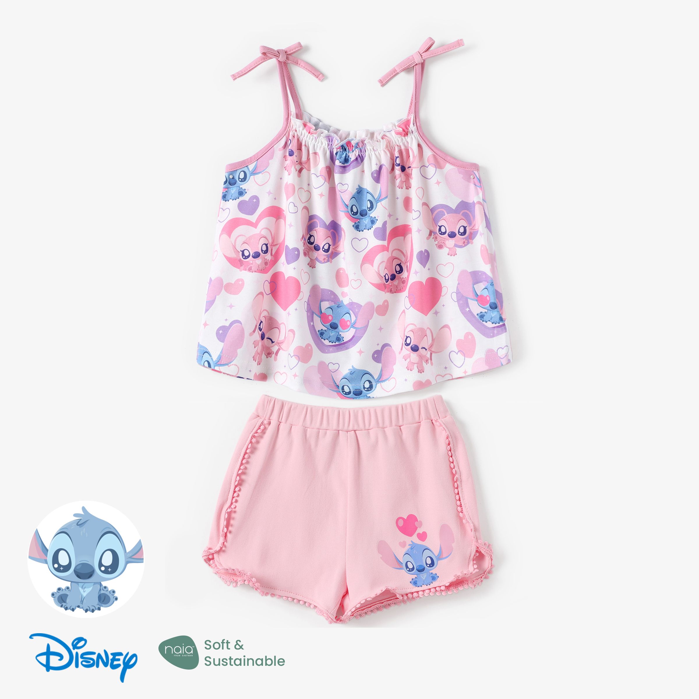 Disney Stitch Toddler Girls 2pcs Naia™ Lovely Stitch Heart/Palm Leaf 印花肩帶帶蝴蝶結上衣和短褲套裝