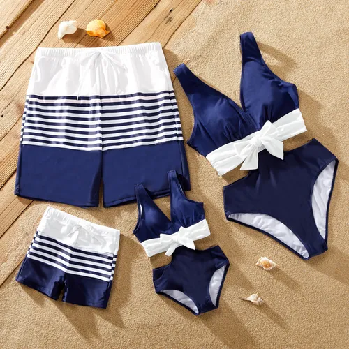 Family Matching Swimsuit Drawstring Swim Trunks or V-neck Cut Out Waist Mesh Layer One-Piece Swimsuit