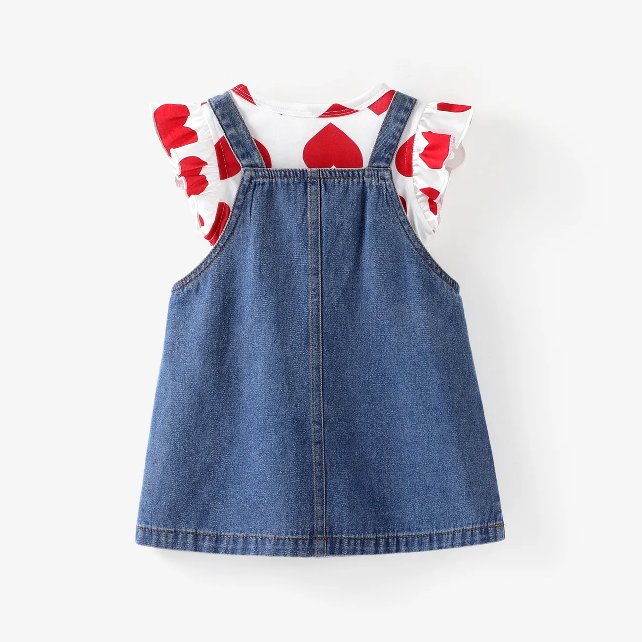 Baby Girl 2pcs Heart Print Tee and Heart Rabbit Embroidery Denim Overall Dress Set REDWHITE big image 1