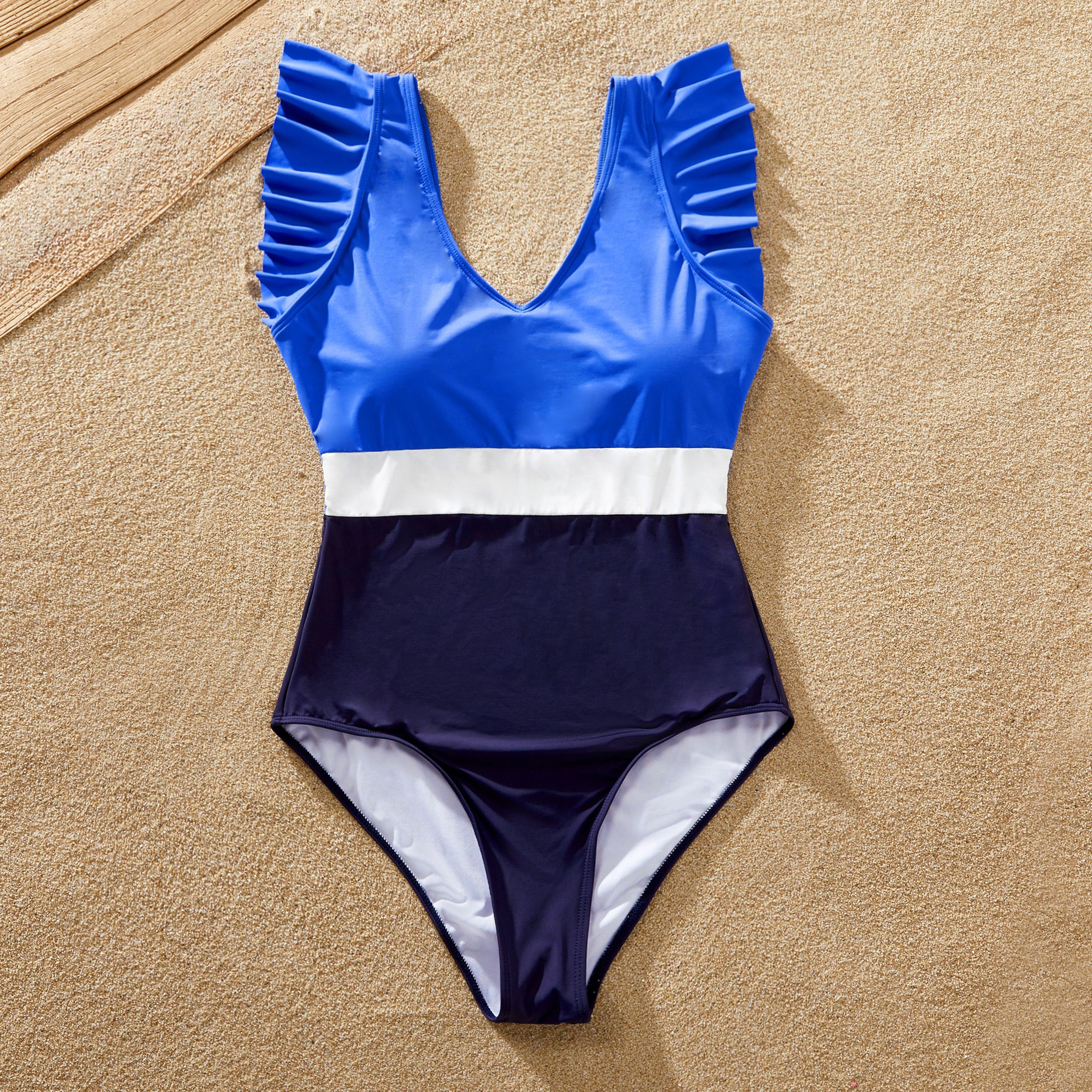 Family Matching Swimsuit Colorblock Drawstring Swim Trunks or Ruffle Trim One-Piece Swimsuit (Sun-Pr
