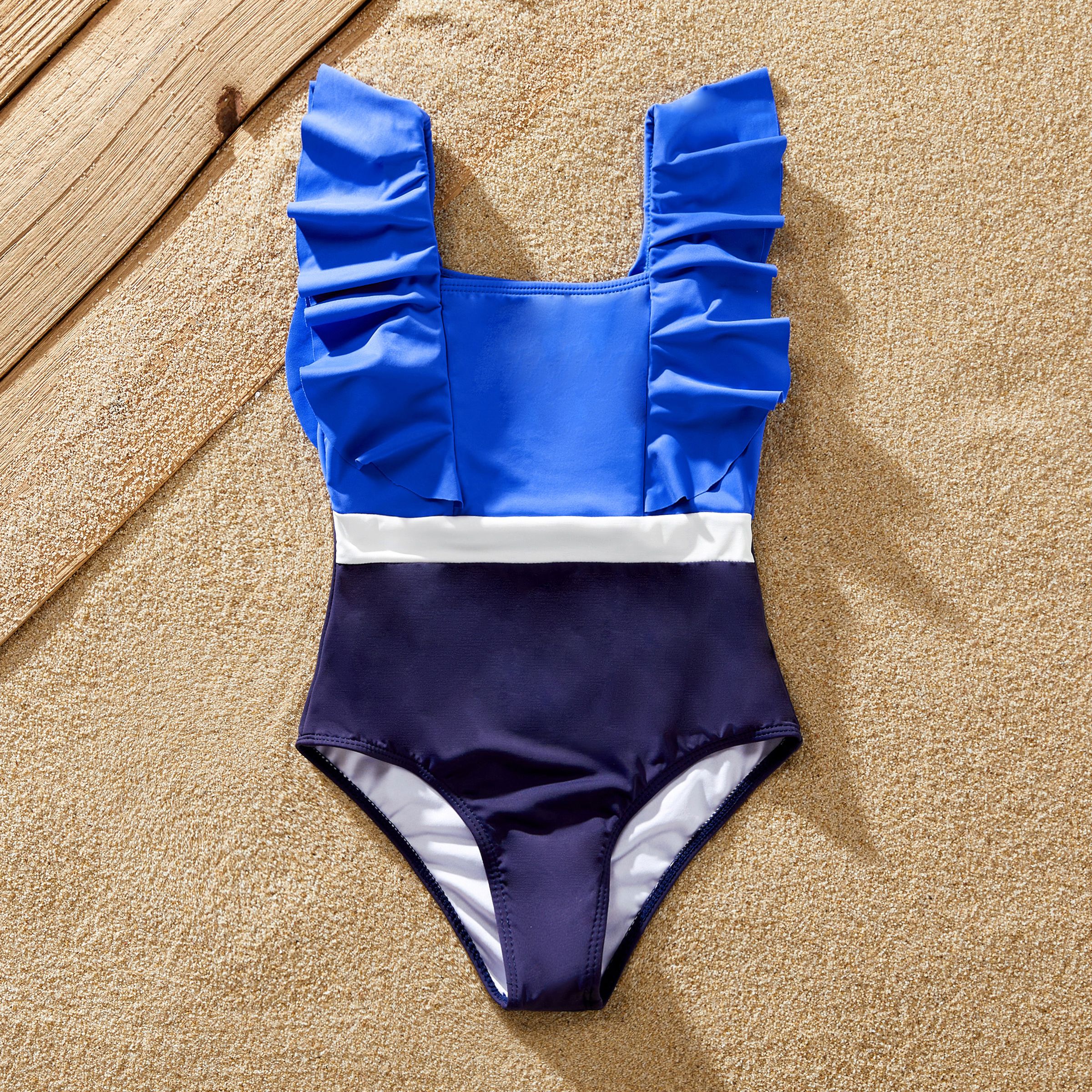 Family Matching Swimsuit Colorblock Drawstring Swim Trunks or Ruffle Trim One-Piece Swimsuit (Sun-Pr