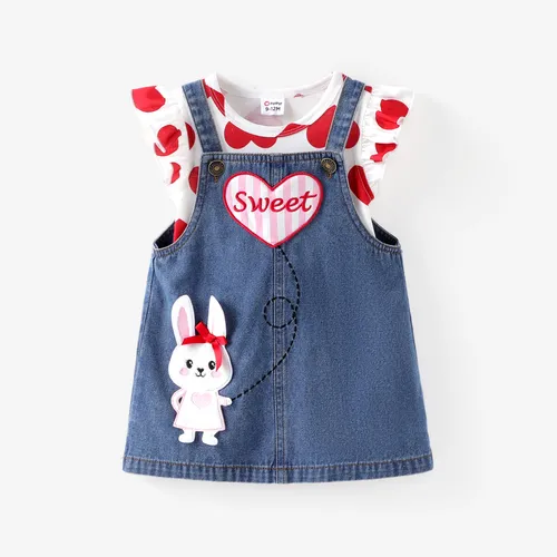 Baby Girl 2 件 Heart Print T 恤和心形兔子刺繡牛仔整體連衣裙套裝