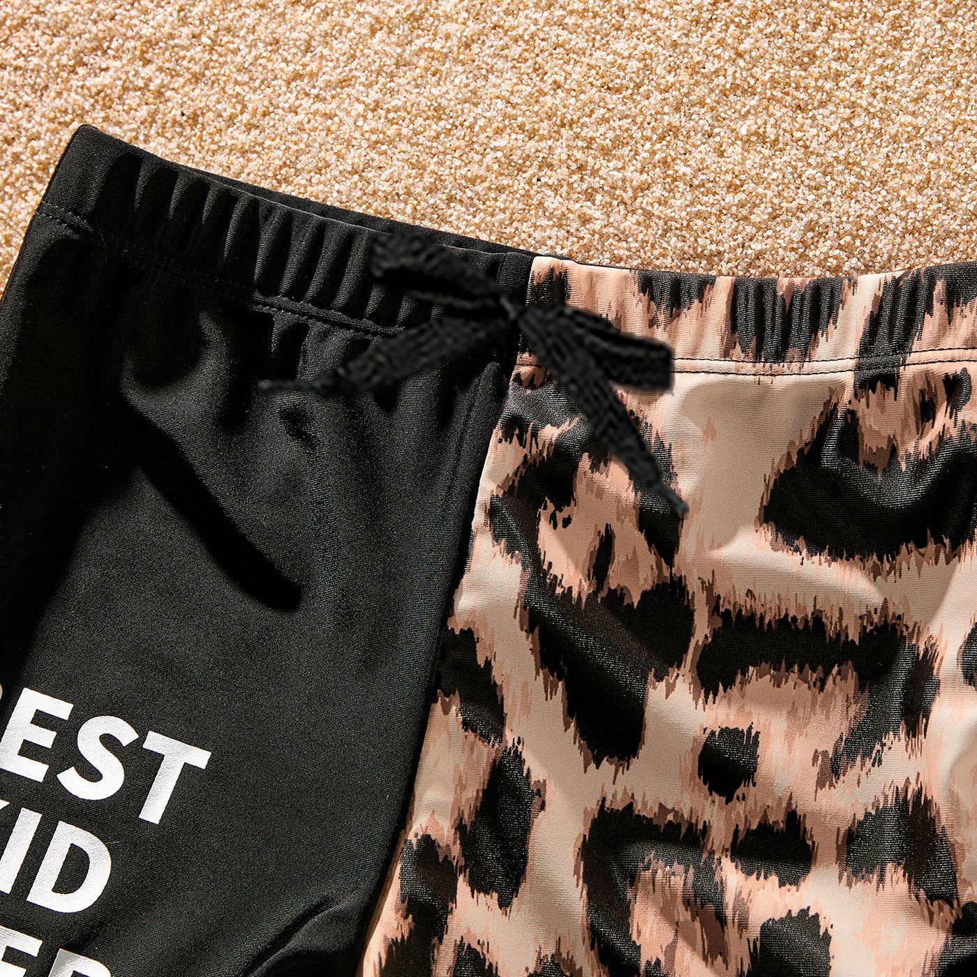 Family Matching Leopard & Black Spliced One Shoulder One-piece Swimsuit or Letter Graphic Swim Trunk
