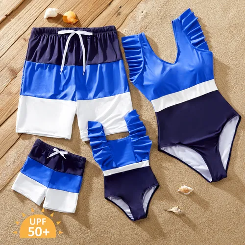 Family Matching Swimsuit Colorblock Drawstring Swim Trunks or Ruffle Trim One-Piece Swimsuit (Sun-Protective)