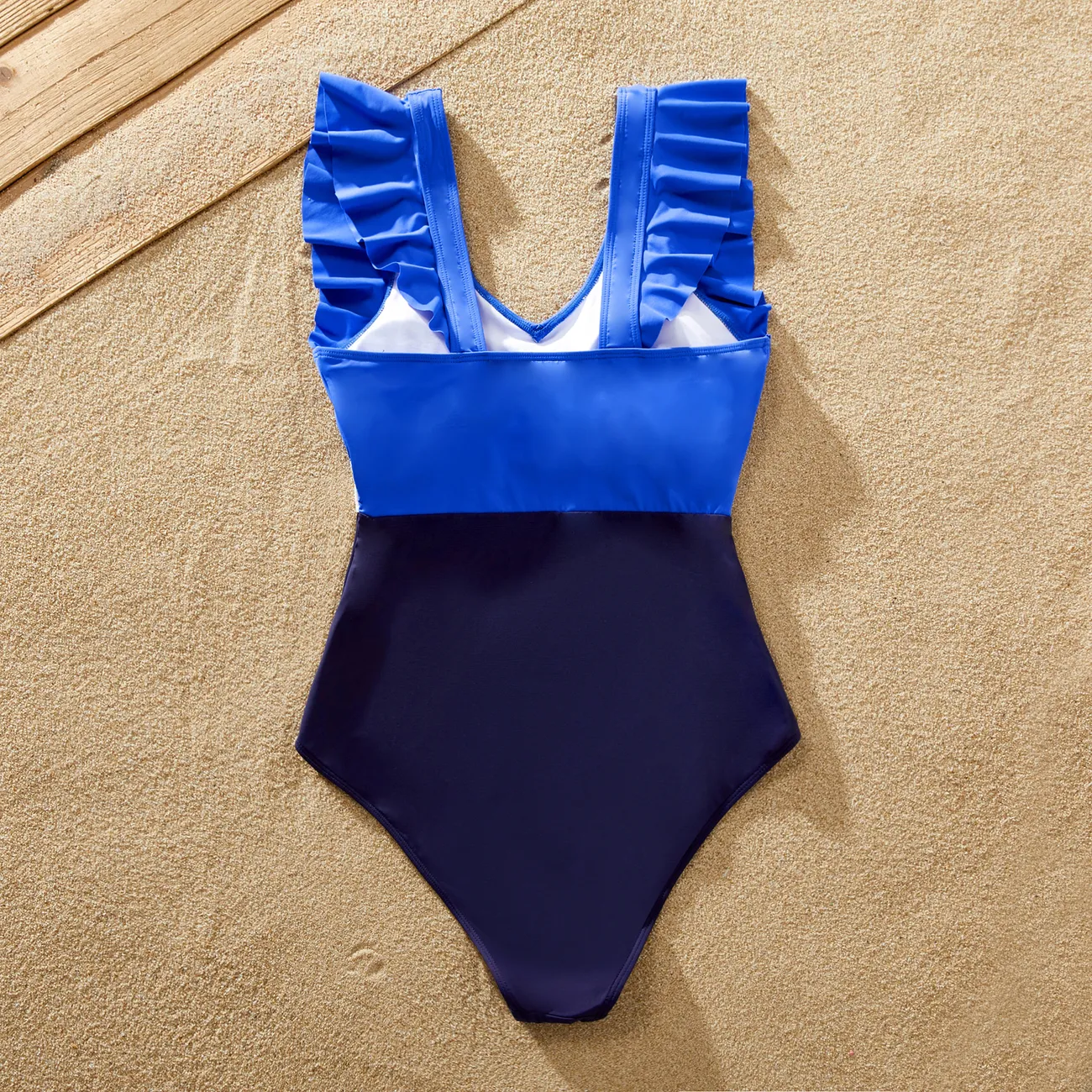 Family Matching Swimsuit Colorblock Drawstring Swim Trunks or Ruffle Trim One-Piece Swimsuit (Sun-Protective) Navy big image 1