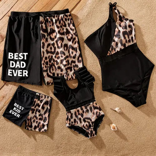 Family Matching Leopard & Black Spliced One Shoulder One-piece Swimsuit or Letter Graphic Swim Trunks Shorts