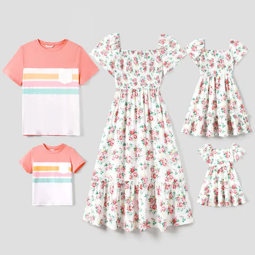 Family Matching Color Block Tee and Ditsy Floral Shirred Top Dress Sets