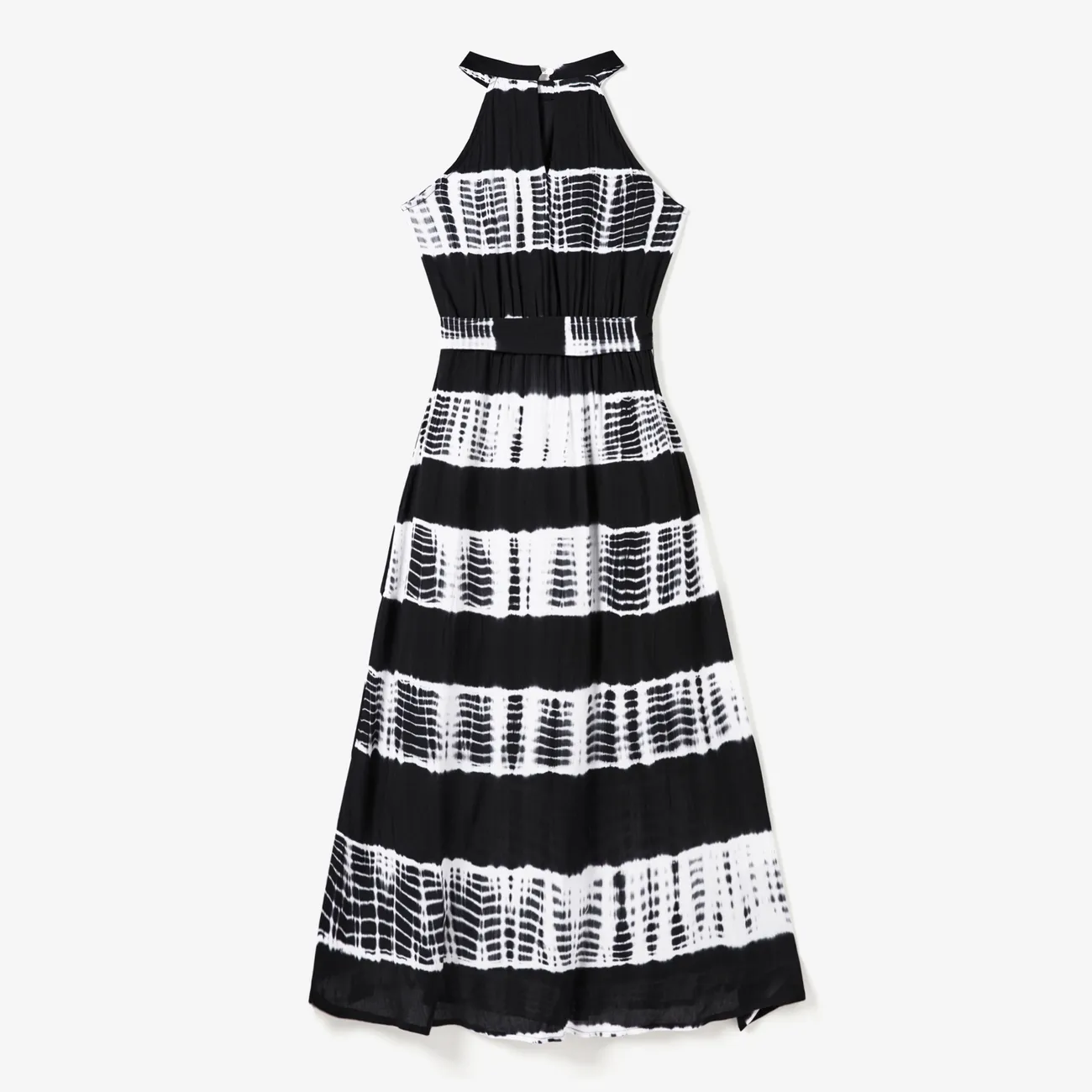 Family Matching Colorblock Polo Shirt and Stripe Dye-Tie High Neck Halter Belted Dress Sets BlackandWhite big image 1