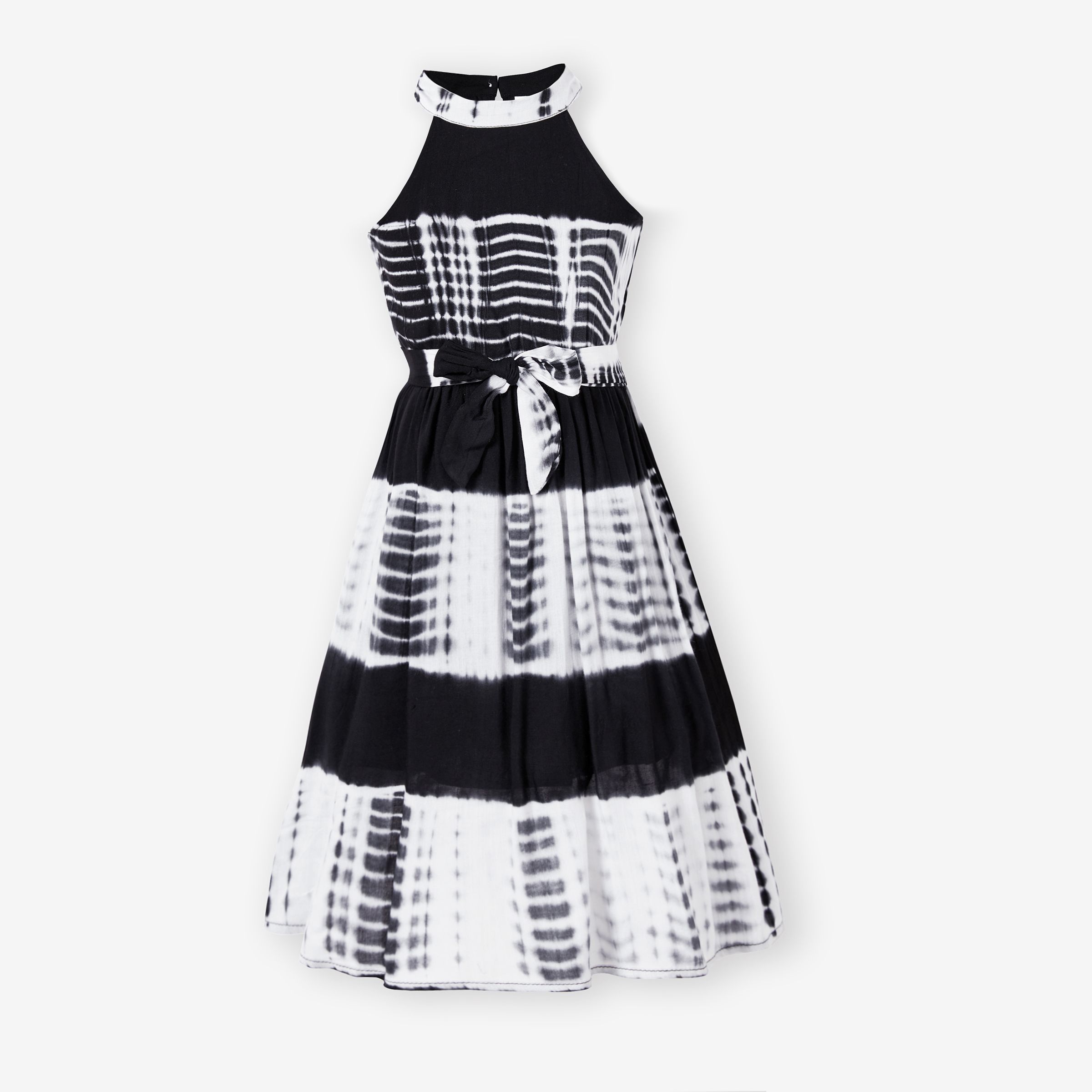 Family Matching Colorblock Polo Shirt and Stripe Dye-Tie High Neck Halter Belted Dress Sets