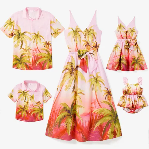 Family Matching Beach Shirt and Pink Tropical Plant Floral V Neck Bow Side Dress Sets