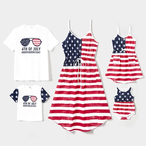 Independence Day Family Matching Sets Sunglasses Print Tee and American Flag Print Drawstring Waist Strap Dress with Pockets