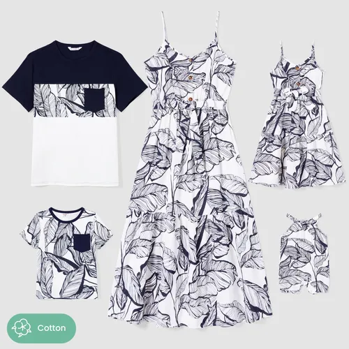 Family Matching Color Block Tee and Tropical Leaf Pattern Button Front Strap 100% Cotton Midi Dress Sets