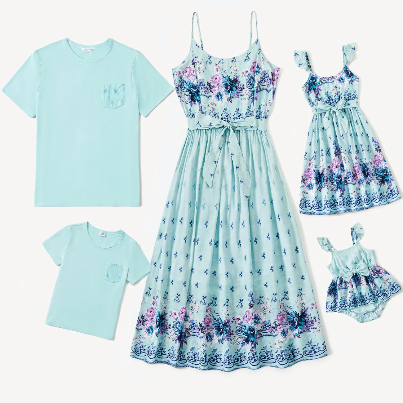 Family Matching Light Blue Tee and Flowy Floral Shirred Back Belted Strap Dress Light Blue big image 1