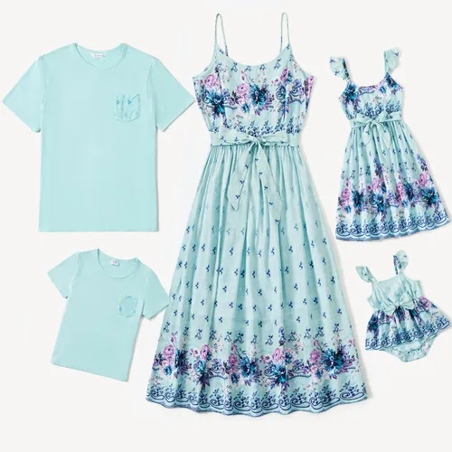 Family Matching Light Blue Tee and Flowy Floral Shirred Back Belted Strap Dress
