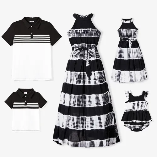 Family Matching Colorblock Polo Shirt and Stripe Dye-Tie High Neck Halter Belted Dress Sets