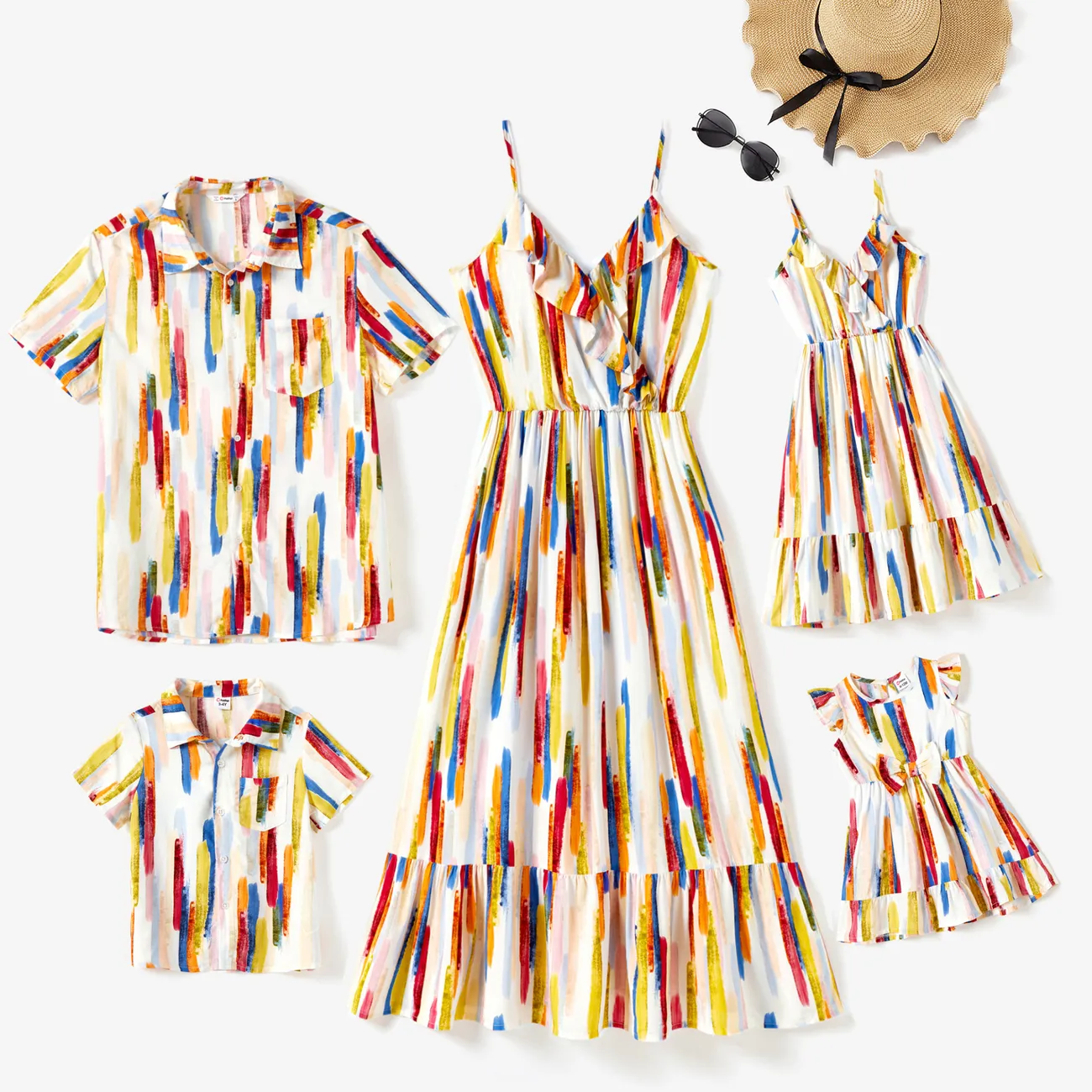 Family Matching Sets Multi Colors Shirt and Wrap Ruffle Hem Strap Dress with Hidden Snap Button Multi-color big image 1