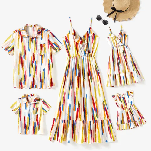 Family Matching Sets Multi Colors Shirt and Wrap Ruffle Hem Strap Dress with Hidden Snap Button