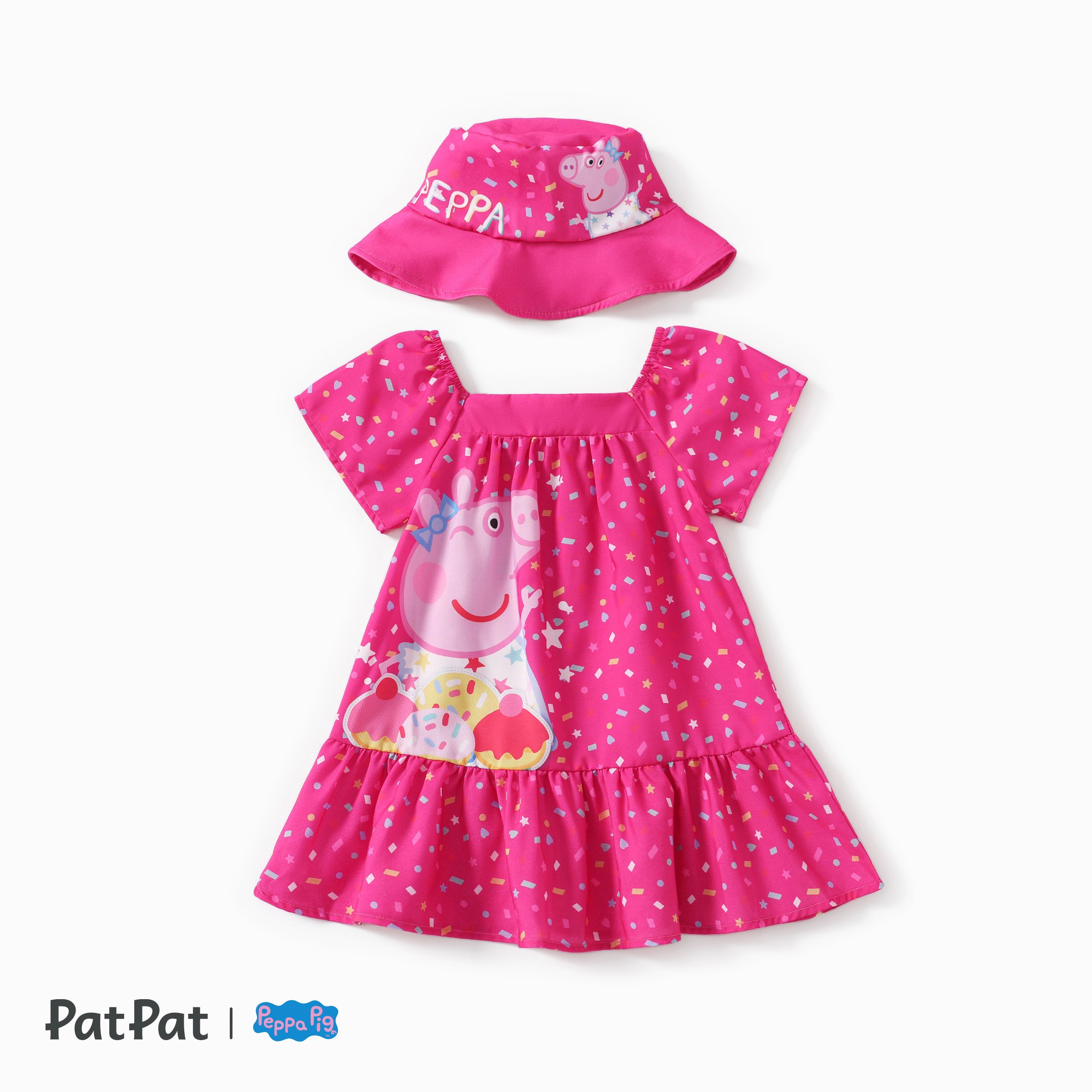 

Peppa Pig Toddler Girls 2pcs Sweet Character Cake Print Square necklines Dress with a Lovely Hat Set