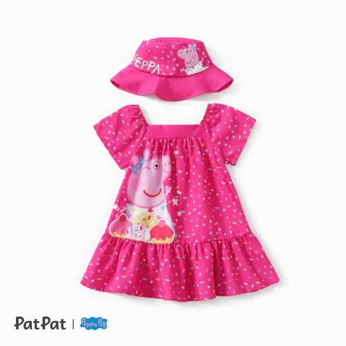 Peppa Pig Toddler Girls 2pcs Doce Personagem Bolo Print decotes quadrados vestido com um lindo conjunto de chapéu