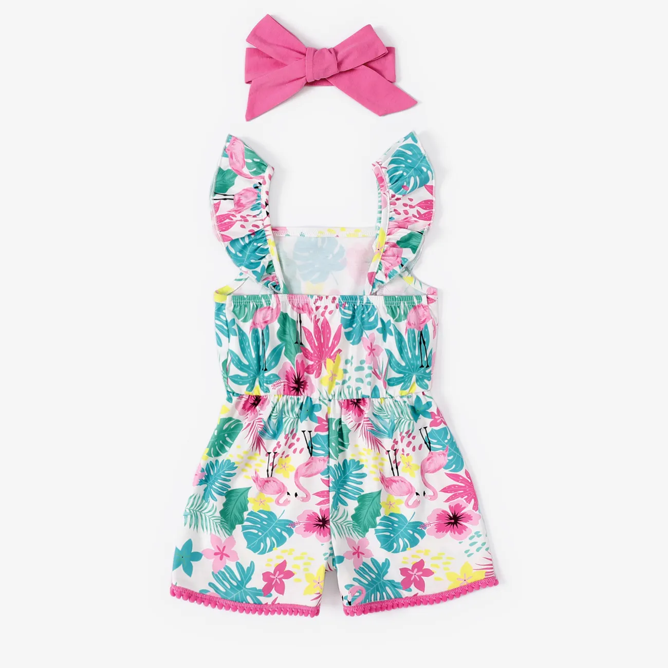 Baby Girl Cooling Denim Solid Color/ Floral Print Jumpsuit with Headband Pink big image 1