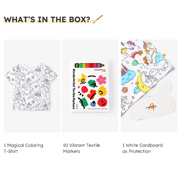WonderArtist T-Shirt para colorir crianças / crianças com 10 pacotes de marcadores têxteis unicórnio big image 1