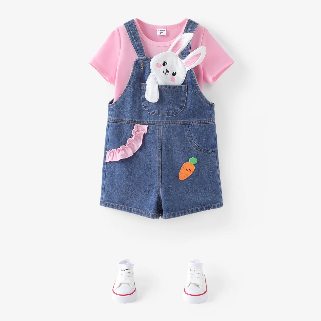Toddler Girl 2pcs Solid Tee and Rabbit Embroidery Denim Overalls Set Pink big image 1