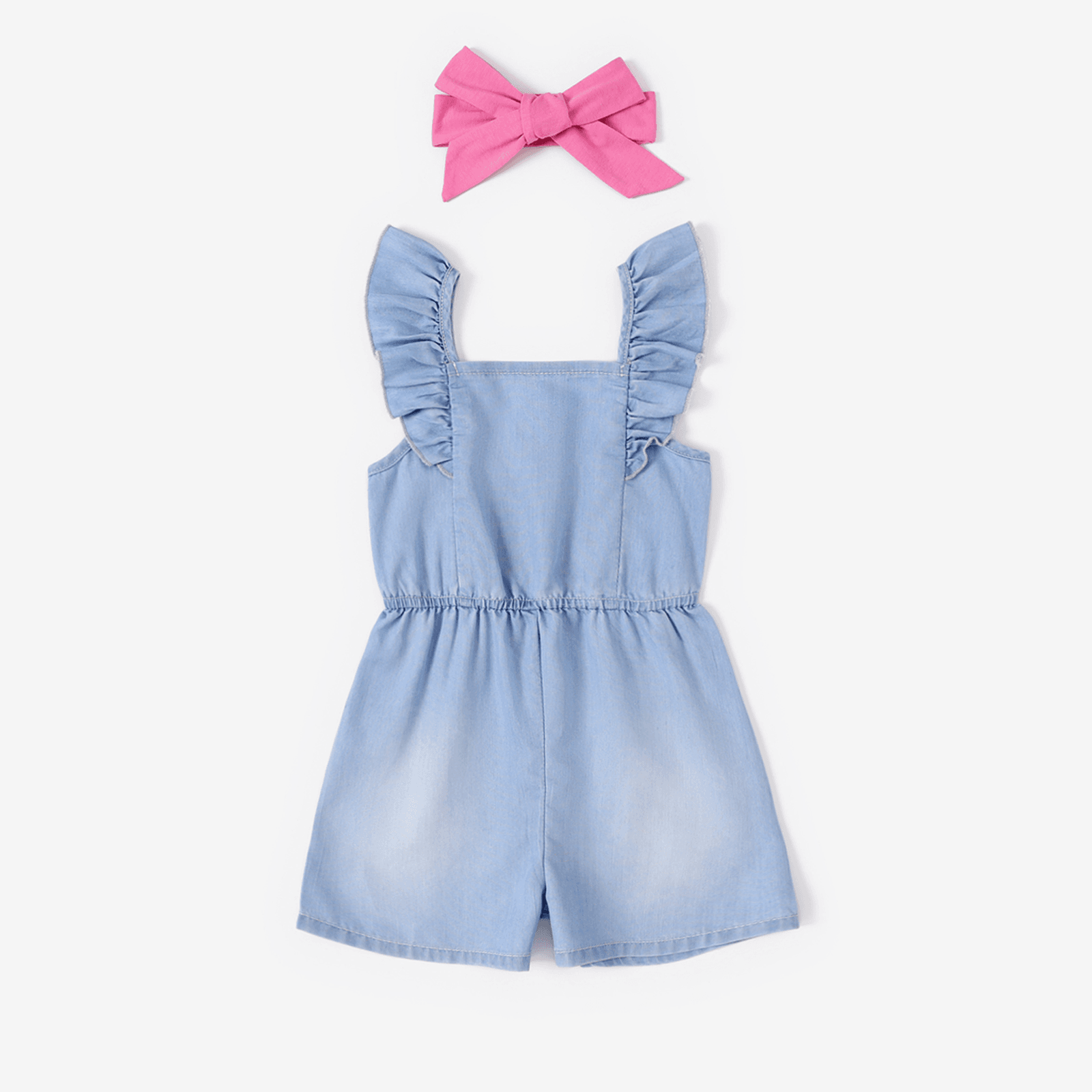 Baby Girl Cooling Denim Solid Color/ Floral Print Jumpsuit with Headband