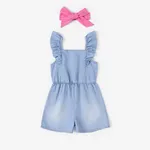 Baby Girl Cooling Denim Solid Color/ Floral Print Jumpsuit with Headband DENIMBLUE