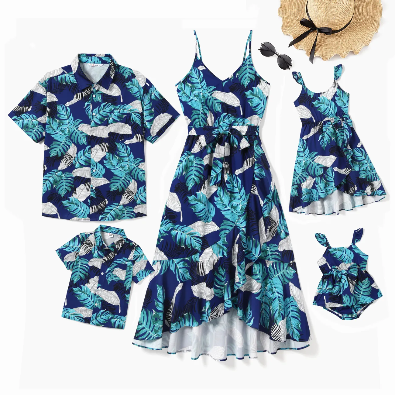 Family Matching Feather and Leaf Pattern Wrap Strap Dress and Beach Shirt Sets Blue- big image 1