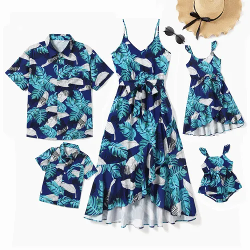 Famiglia Matching Feather and Leaf Pattern Wrap Strap Dress e Set di camicie da spiaggia