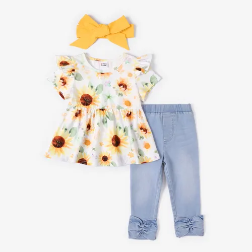 Baby Girl 3pcs Floral Print Top and Denim Jeans with Headband Set