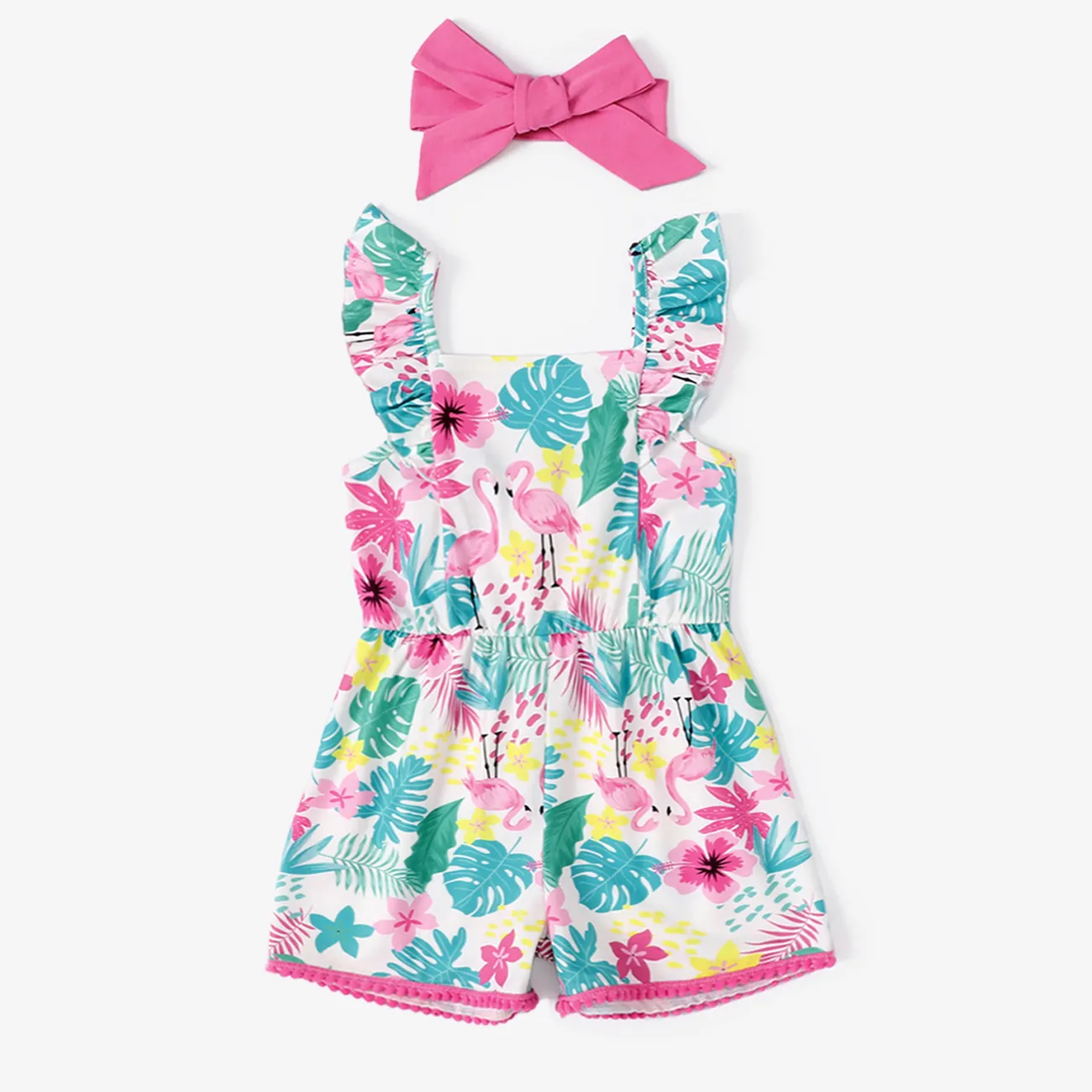 Baby Girl Cooling Denim Solid Color/ Floral Print Jumpsuit with Headband Pink big image 1
