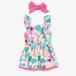 Baby Girl Cooling Denim Solid Color/ Floral Print Jumpsuit with Headband Pink