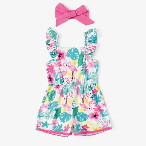 Baby Girl Kühlender Denim-Jumpsuit mit einfarbigem / Blumendruck und Stirnband