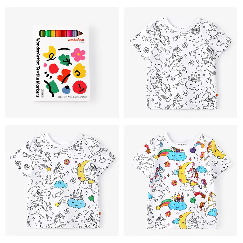 WonderArtist Toddler/Kid Boy/Girl Coloring T-Shirt with 10-Pack Textile Markers Set BlackandWhite big image 1